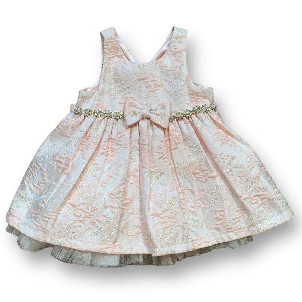 American Princess Dress Pink White Brocade Bow Pearl Embellished Crinoline 12M